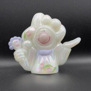 Vintage Fenton White Iridescent Art Glass Clown Hand Painted tulip Artist Signed